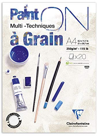Clairefontaine 975049C - Zeichenblock / Skizzenheft PaintON à grain/gekörnt, DIN A4 21x29,7 cm, kopfseitig geleimt, 20 Blatt, 250g, 100% Zellulose, ideal für Mixmedia, Weiß, 1 Stück