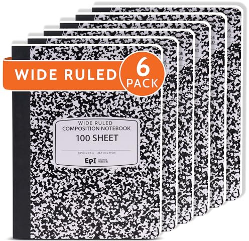6 Pack - EPI Marble Hardcover Wide Ruled Composition Notebook | 200 Pages (100 Sheets), 9.75 x 7.5 in, Sturdy Sewn Binding | School, Office, Journaling, Notes