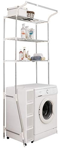 BAOYOUNI Waschmaschinenregal Toilettenregal Platzsparendes Badezimmerregal aus Metall Bad WC Stand Regal mit 3 Ablagen Breite Verstellbare Lagerregal (58-95) x 49 x 210 cm, Elfenbein