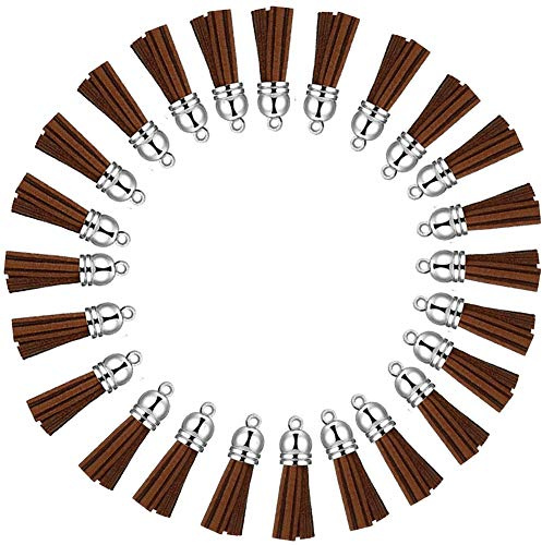 Schlüsselanhänger Quasten Leder Quasten Anhänger mit silberweißen Kappen, Quasten-Anhänger für Schmuckherstellung, Schlüsselanhänger, Armbänder, Ringe, Basteln, 30 Stück (3,8 cm, blau) (Braun)