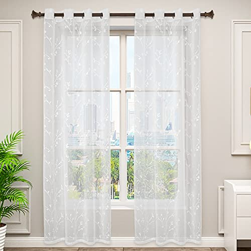 WOLTU 2er Set Gardinen transparent Blumen Stickerei mit Ösen Leinen Optik, Doppelpack Ösenschal Vorhang Voile Fensterschal Dekoschal für Wohnzimmer Schlafzimmer, 140x175 cm, Weiß