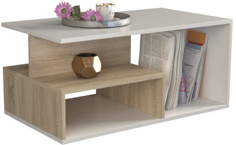 ADGO Prima Couchtisch 90x51x43cm Modern Rechteckig Kleiner Niedriger Beistelltisch für Wohnzimmer, Tisch mit Regalen und Stauraum, Geometrische Kaffeetisch Sofatisch Wohnzimmertisch (Sonoma Mix)
