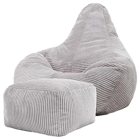 Icon Dalton Sitzsack mit Hocker Cord, Grau, Gaming Sitzsack Erwachsene mit Füllung, Bean Bag, Cord Sessel, Lounge Sessel, Lounge Stuhl, Schlafzimmer, Wohnzimmer, Wohnzimmer Möbel