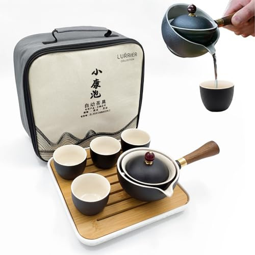 LURRIER Porcelain Chinese Gongfu Tea Set,Portable Teapot Set with 360 Rotation Tea maker and Infuser,Portable All in One Gift Bag for Travel,Home,Gifting,Outdoor and Office (Black)