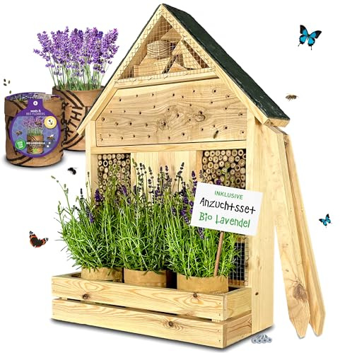GARTENETAGE Stehendes Insektenhotel XXL mit Schieferdach und Pflanzenoase Lavendel - inkl. Anzuchtset/Naturbelassenes, massives Insektenhaus & Bienenhotel/Insektenhotel zum Aufstellen