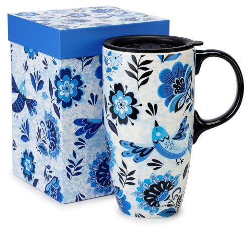 Keramisk mugg hög kaffekopp med lock, handtag och presentask lattemugg 475 ml, blå fågel