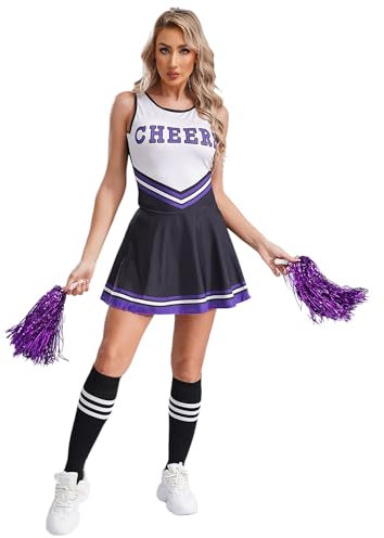 Mufeng Damen Cheer Leader Kostüm Cheerleading Uniform mit Pompons Socken Highschool Kostüm Mottoparty Karneval Fasching Partykleid Dunkel Lila L