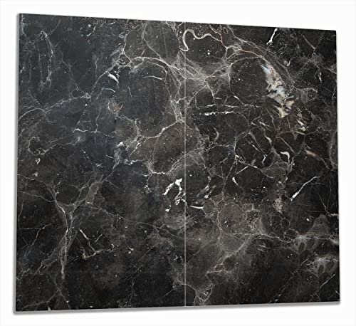 Wallario Herdabdeckplatte/Spritzschutz aus Glas, 2-teilig, 60x52cm mit 8mm hohen Füßen, für Ceran- und Induktionsherde, Schwarze Marmor-Optik
