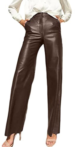 shownicer PU Pantalon Femmes Sexy Taille Haute en Simili Cuir Droit de Loisirs Style Y2K Vintage à Jambes Larges A Marron L