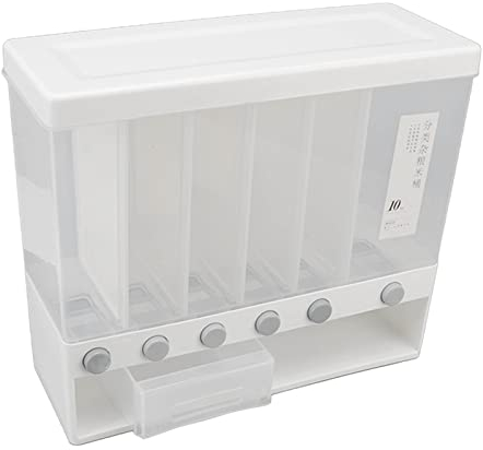 Mumusuki Rice Dispenser, Wall Mounted 6 Grid Press Cereals Dispenser Grain Storage Container with Measuring Cup for Beans Pet Food Corn and Coffee, 10L