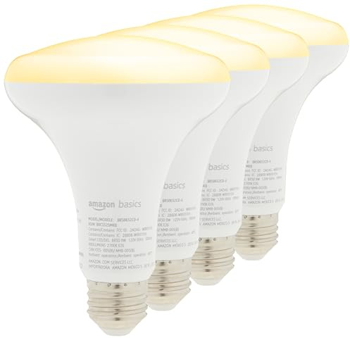 Amazon Basics Smart BR30 LED Light Bulbs for Bedroom Living Room, Dimmable Soft White (2700K), 9W (60W Equivalent), 800LM, Voice Control, Works with Alexa Only, 2.4 GHz Wi-Fi, No Hub Required, 4-Pack