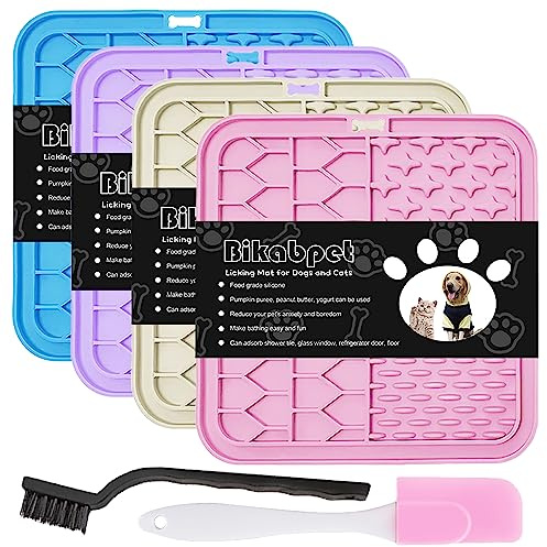 Bikabpet Lick Mat for Dogs and Cats，Cat Licking Pad with Suction Cups for Dog Anxiety Relief，Dog Peanut Butter Lick Pads for Dogs Perfect for Bathing Grooming,Slow Feeders for Dogs and Cats,4Pack