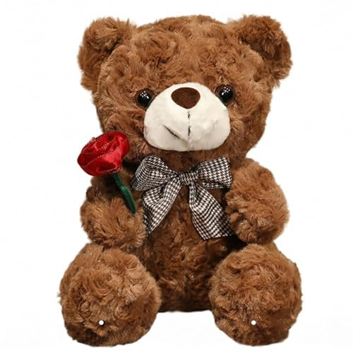 Cpoeof Plüschtier für Valentinstag, niedlicher 24,9 cm großer Teddybär mit Rose, weicher kleiner Kuschelbär-Puppe, Geschenke für Freundin, Freund, Dunkelbraun