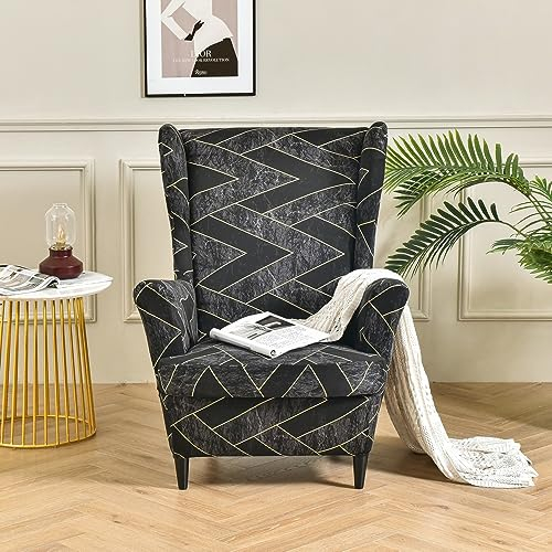 Hiseng Ohrensessel Überzug, 2-Teilig Stretch Drucken Sessel-Überwürfe Ohrensessel Kissen Sofa Schonbezüge, Flügel Zurück Sesselbezüge mit Armlehne Hohe Rückenlehne (Schwarz kariert)