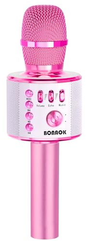 BONAOK Karaoke Microphone - 3-in-1 Wireless Bluetooth Microphone Speaker for Kids & Home, Compatible with Android Devices (Light Pink)