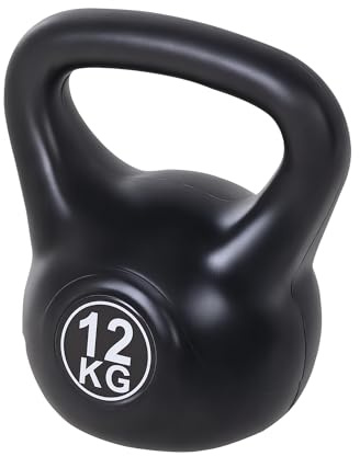 HOMCOM Pesa Rusa 12 kg, Kettlebell Revestimiento de Plástico y Relleno de Arena, con Mango Ancho y Base Plana, para Entrenamiento Culturismo, en Casa, Gimnasio, Negro