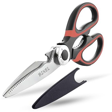 Bixel Premium Kitchen Scissors - Heavy Duty Scissors for Kitchen Use with Safety Covers - Multifunctional Meat Scissor with Extra Sharp Blades and Comfortable Grips for Poultry, Herbs and Food