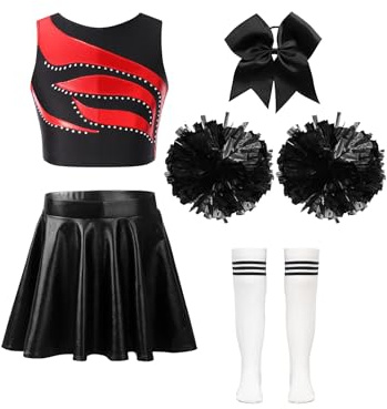 Nyeemya Mädchen Cheerleading Kostüm Cheer Leader Outfit Ärmellos Top und Rock mit Pompons Socken Haarzubehör Halloween Kostüm EIN Rot-Weiß 146-152