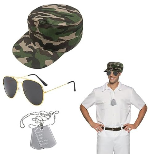 SKHAOVS 3-teiliges Armee-Kostüm-Set, Solider Flieger, Militär, Cosplay, Pilotenkostüm mit Camouflage-Hut, Sonnenbrille, Erkennungsmarke für Erwachsene, Cosplay, Verkleidung, Halloween, Mottoparty,