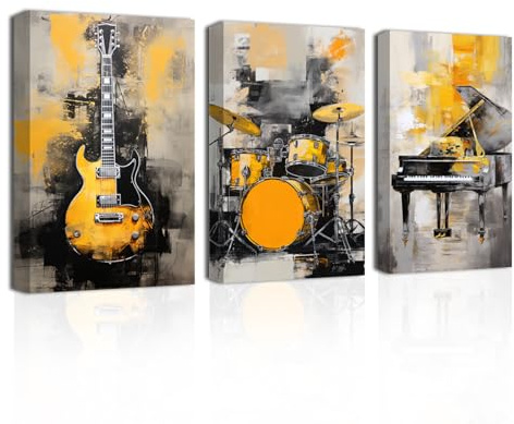 CXHOSTENT Musik Leinwand Wandbilder 3 Panel Klavier Gitarre Regal Trommel Kunstdrucke gelbe und graue Musik Poster abstrakte Musikinstrument Bilder (Music, 30.00 x 40.00 cms x 3PCS)