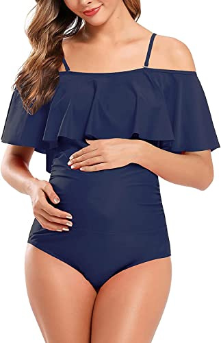 SHEKINI Trajes de baño de maternidad con hombros descubiertos, traje de baño de una pieza con volantes y volantes para embarazo, Azul oscuro, XL