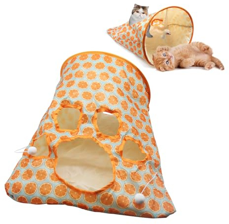 HASAIKA® Katzentunnel, Faltbare Katzentunnel Für Hauskatzen, Katzenbett für den Innenbereich, Haustierhöhlenbett Mit 1 Hängenden Kratzbällen Für Haustier, Katze, Hund, Kaninchen