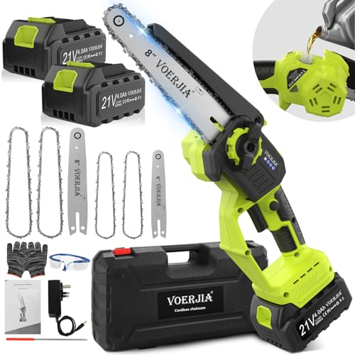 VOERJIA 6&8 Mini Chainsaw, Brushless Cordless Chainsaw with 2×4.0AH Batterie, 2 Guide Plate, 4 Chains, Electric Chainsaws with Automatic Oiler and Adjustable Chain for Cutting Branche, Trimming Tree