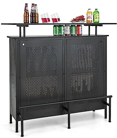 GOPLUS barbord, köksbord med glashållare och förvaringsyta, bistrobord med metallram och fotstöd, skåp bord högbord, bardisk, svart