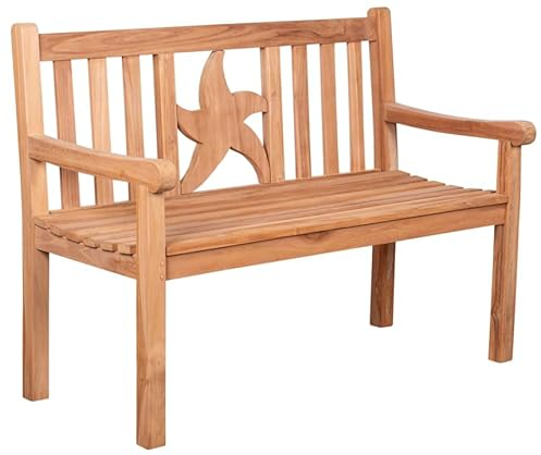 MR. DEKO® Gartenbank Seestern Teakholz | Holzbank mit Lehne | Motiv-Friesenbank für draußen | 2-Sitzer 120x60x94 cm | Sitzbank Teak massiv & wetterfest für Garten Balkon | Parkbank zum Relaxen