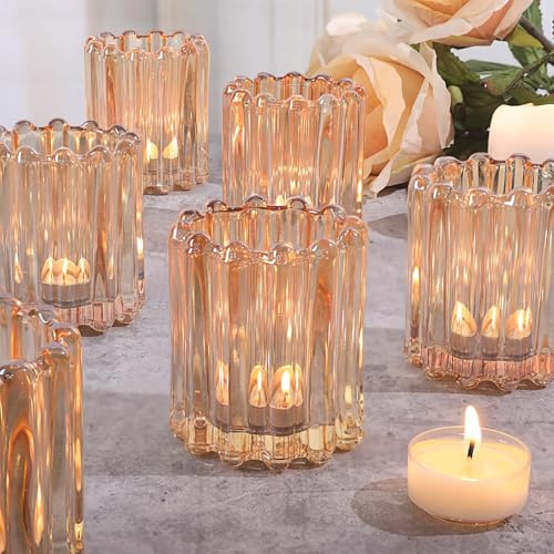 6 Pcs Votive Candle Holder, Gold Glass Large Tea Lights Candle Holders | Tealight Candle Holder for Fall Wedding Centerpieces Dinner Party Table Decor