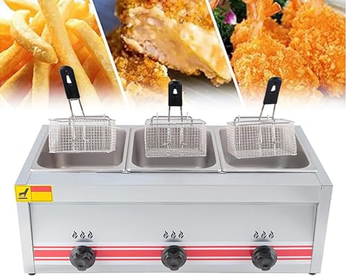 Friteuse commerciale en acier inoxydable, friteuse professionnelle au gaz GPL, avec paniers et couvercles de friteuse, pour la cuisine à domicile du restaurant commercial,Triplecylinder10l+10l+10l