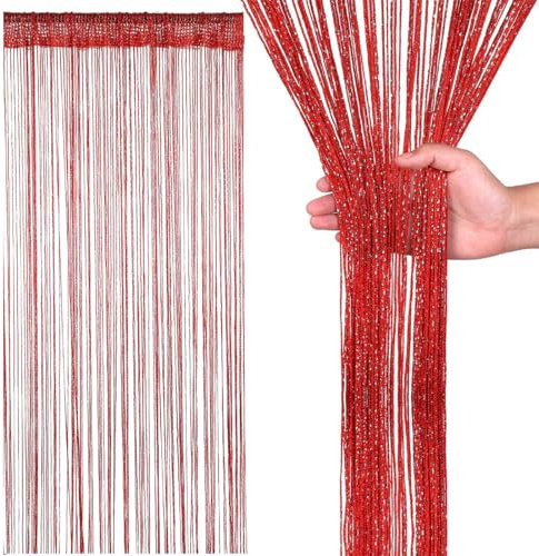 XUZWECP Cortina de oropel，Panel de Pared con Flecos，Cortina de Flecos,para el hogar，Patio，Dormitorio，Decorativa，con borlas，Hilo Plateado，para Bodas，cafeterías，Color Rojo