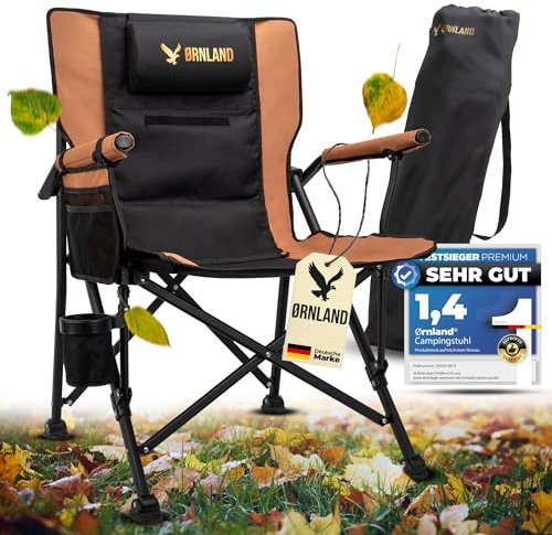 Ørnland Campingstuhl faltbar schwarz braun, stabil bis 150kg, [atmungsaktiv Mesh] mit Seitentasche Kissen Getränkehalter I Angelstuhl, Strandstuhl, Klappstuhl - Camping, Zelten, Angeln