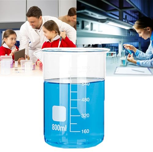QIeAny Bécher Doseur Gradué en Verre (50~10 000 ML), Bécher Bas, Résistant À La Chaleur/échelle Transparente, Fond Plat/placé De Manière Stable, Ouverture Latérale Fendue/Facile À Verser,800ml