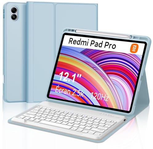 SENGBIRCH Custodia Tastiera per Redmi Pad Pro 12,1, Xiaomi Pad POCO 12.1 Pollici 2024, Cover Tastiera Bluetooth Magnetica Staccabile per Redmi Pad Pro 12,1 Pollici, Italiana QWERTY, Cielo Blu
