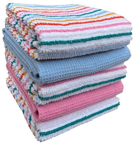 Olivia Rocco 5 Pack Striped Kitchen Tea Towels Cotton Super Absorbent Quick Drying Soft Ribbed Waffle Pot Towel, Candy