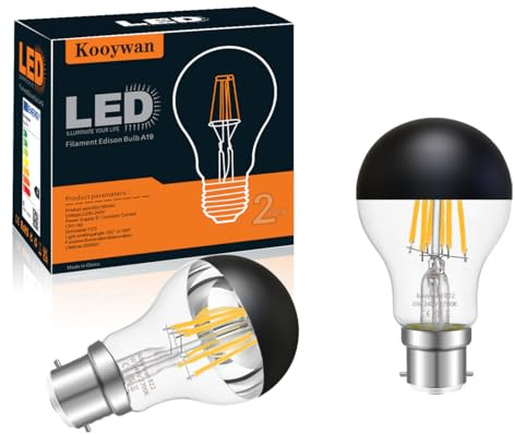 KOOYWAN B22 Bayonet Black Crown Light Bulb-Dimmable 6W A60 A Shape Decorative Classic LED Edison Bulb Black Mirror Tipped Reflected Light 2700K Warm White-Pack of 2