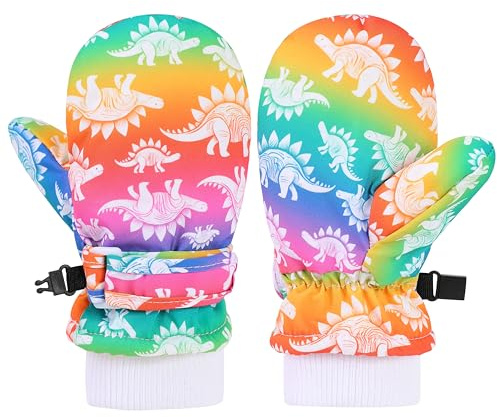 QKURT Kids Ski Mittens, Waterproof Winter Warm Snow Gloves, Cute Cartoon Dinosaur Gloves, Thick Fleece Lining Thermal Mittens Snowboard Skating Mittens for Boys Girls Aged 0-8