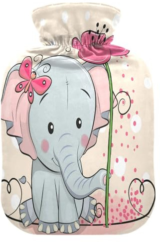 Hot Water Bottle with Cover, Cute Elephant Flower 2L Leakproof Hot Water Bag for Hand Feet Warmer, Neck, Shoulder, Back, Muscle Pain Relief, Cold Compress