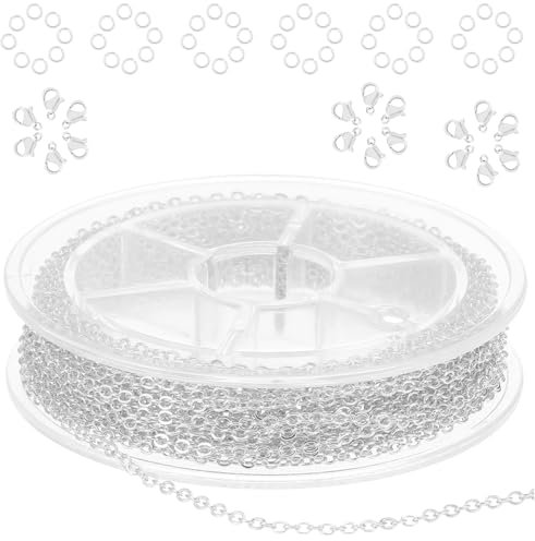COMNICO 33ft(10m) Stainless Steel Jewelry Chain 1.5mm DIY Craft Links Supplies Findings for Making Necklace Earring Bracelet, Color Plated Metal Cable Roll 20pcs Lobster Clasps 50pcs Jump Ring(Silver)
