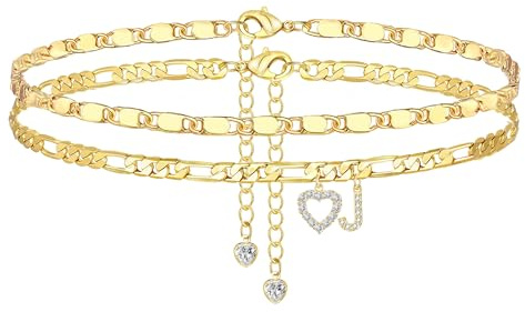 YOFECIO Ankle Bracelets for Women,14K Gold Plated Initial Anklets Dainty Heart Letter Ankle Bracelets Layered Gold Anklets for Women Non Tarnish A to Z Summer Beach Jewelry