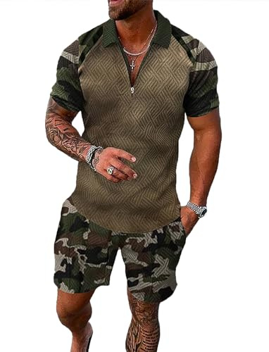 BIRW Army Green Camouflage M Mens Short Sets 2 Piece Outfits Polo Shirt Fashion Summer Tracksuits Casual Set Short Sleeve and Shorts Set for Men
