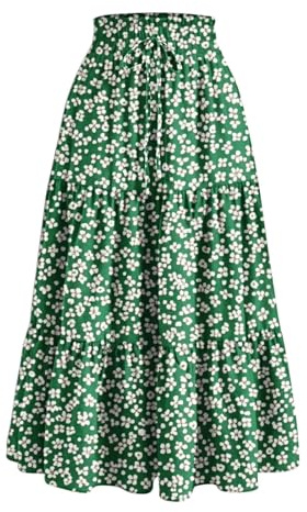 duxyoz Maxi Skirts for Women Summer Boho Tiered Long Flowy Skirt Bohemian Boho Drawstring High Waisted Swing A-Line Skirt Casual Party Holiday Ruffle Gypsy Vintage Pleated Skirts Full Length
