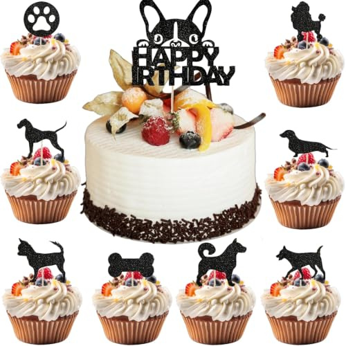 25PCS Dog Cake Toppers Set, Puppy Cupcake Picks, Black Glitter Party Decor | Black glitter cardstock on bamboo sticks; 1 large birthday topper + 24 cupcake picks for dog-themed cakes and pet parties