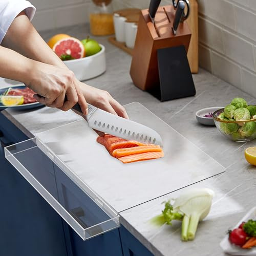 Acrylic Cutting Board with Waste Container and Counter Lip,17x13 Inch Large Clear Chopping Board for Kitchen Countertop Non-Slip - Ideal for Cutting Vegetables, Fruits, Meat, and Bread