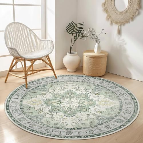 GENIMO Runder Boho Teppich Graugrün, Waschbar fürs Wohnzimmer, Ø 120 cm | Weicher Kurzflor, Rutschfeste Rückseite, Pflegeleicht für Schlaf- und Esszimmer