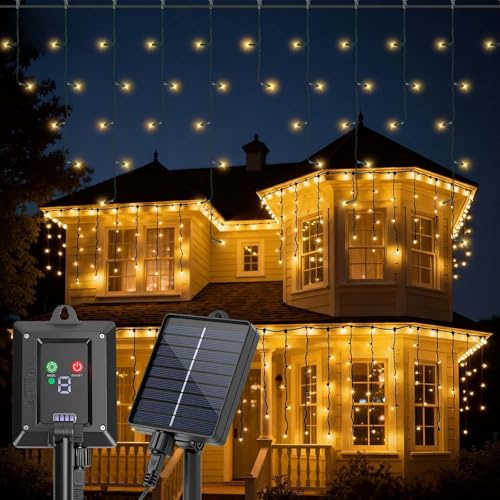Aigostar Solare Eiszapfen-Lichterkette Außen – 5m + 3m*0.6m, 8 Lichtmodi, IP65 Wasserdicht, Warmes Licht, 100 LED für Garten, Balkon, Terrasse & Innenbereich