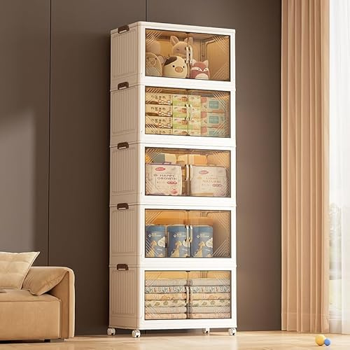 GarveeLife ﻿ ﻿Kleiderschrank Kunststoff Faltbarer 45x27x116cm, Klappkommode mit Magnetischen Türen & Rollen, 5 Lagerbereich, Stabil Mehrzweckschrank für Kinderkleidung Aufbewahrung von Spielzeug