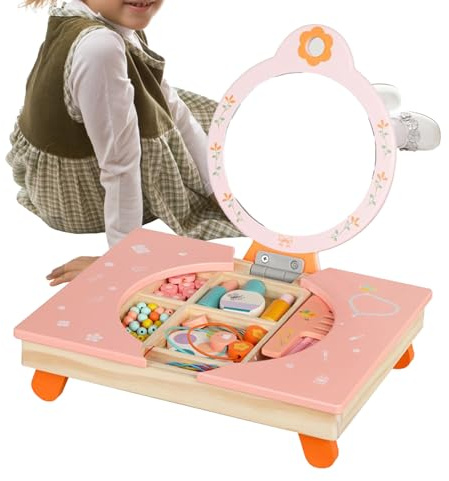 Generisch Kids Spielzeug Schminktisch - Holz Schminktisch mit Spiegel,Klappbares Rollenspiel Kinder Beauty Set Mit Kamm Und Kosmetik-Utensilien | Für Verkleidungsspiele Kinderzimmer