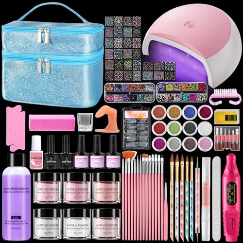 Deciniee Akryl Nagelkit: Övningsnagel Akrylpulver Set med UV-lampa/Nagelborr/Falska Nageltoppar/Gel Nagellack Manikyr Komplett Set för Nybörjare Salong-Nagelkonst Dekorationsverktyg i Blå Presentpåse